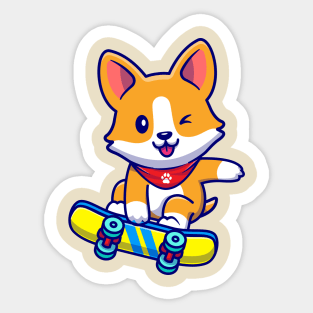 Cute Corgi Dog Playing Skateboard Cartoon Sticker